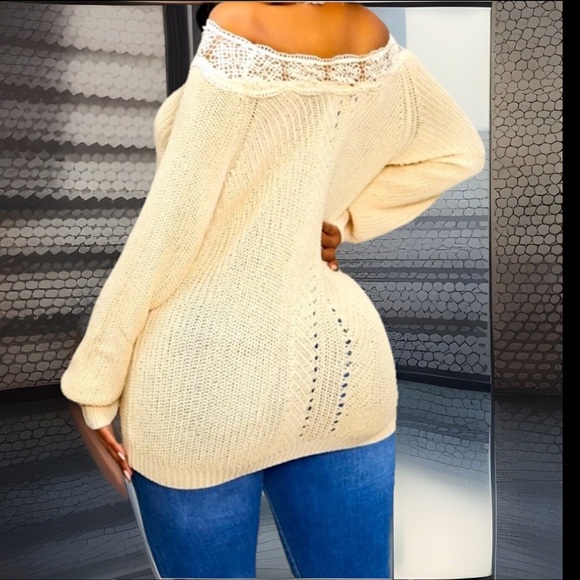 Unique Apricot Lace Trim Neckline Off Shoulder Open Design Down Front Sweater - Picture 9 of 10
